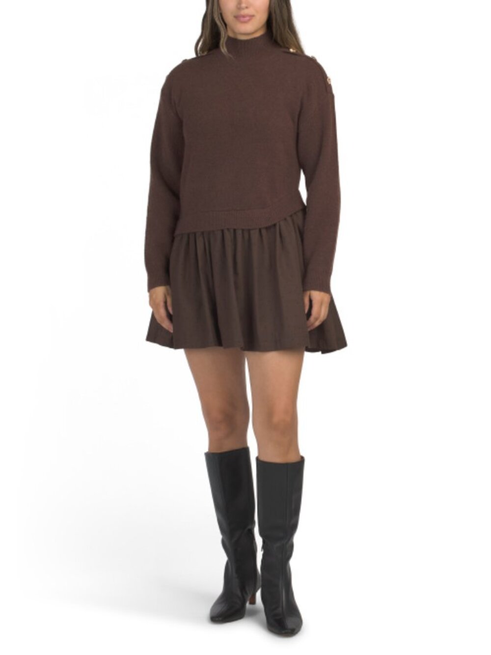 ZOE & CLAIRE Mixed Media Mini Sweater Dress With Button Accents